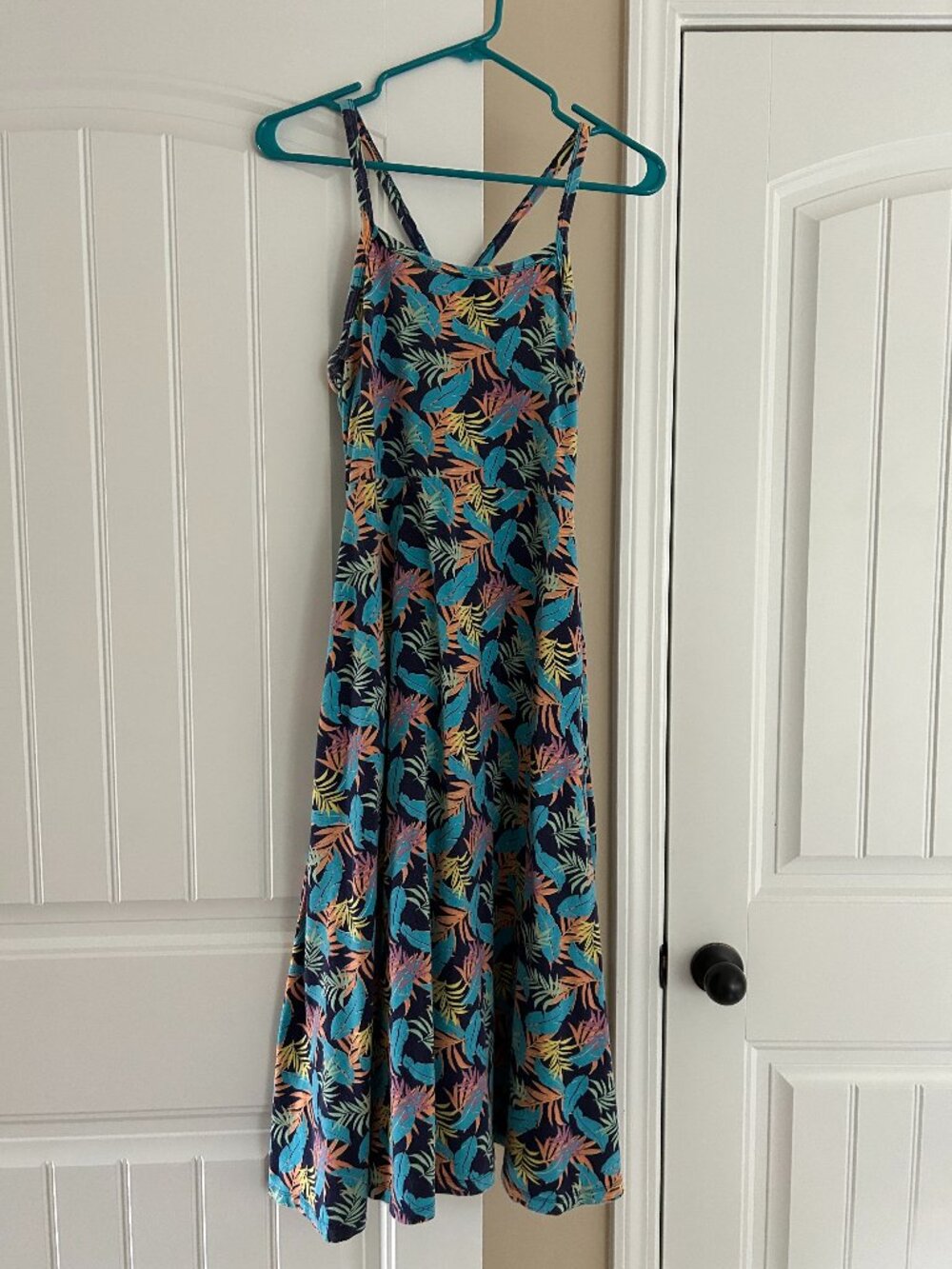 Wear Pact Organic Cotton Fit & Flare Midi Dress Tropical Island Leaves Pockets